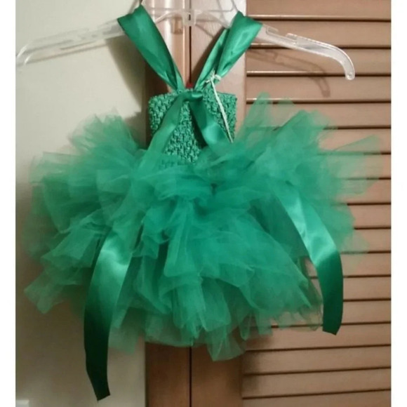 Christmas Netted GreenTuTu Dress Ribbon Hand Made - Picture 4 of 7